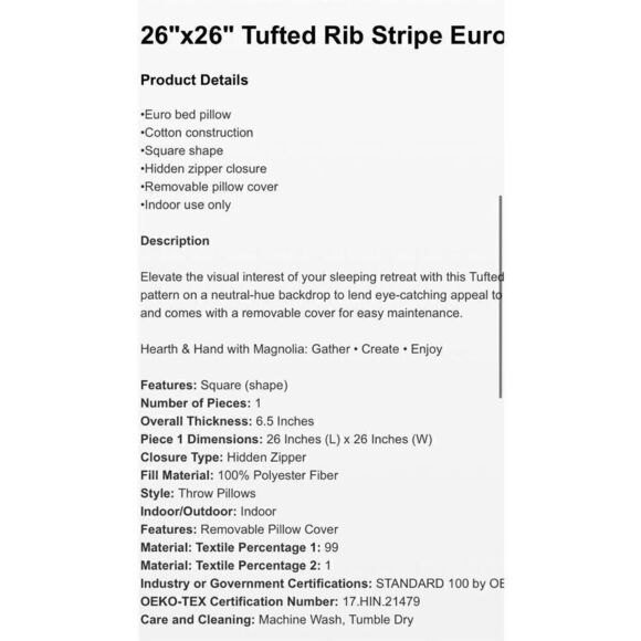 Hearth & Hand 26"x26" Tufted Rib Stripe Euro Bed Pillow Cream/Natural - Picture 5 of 8